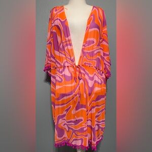 Body Glove Beach Cover Up Dress Orange Pink Psychedelic Pom Pom Trim Mod Large